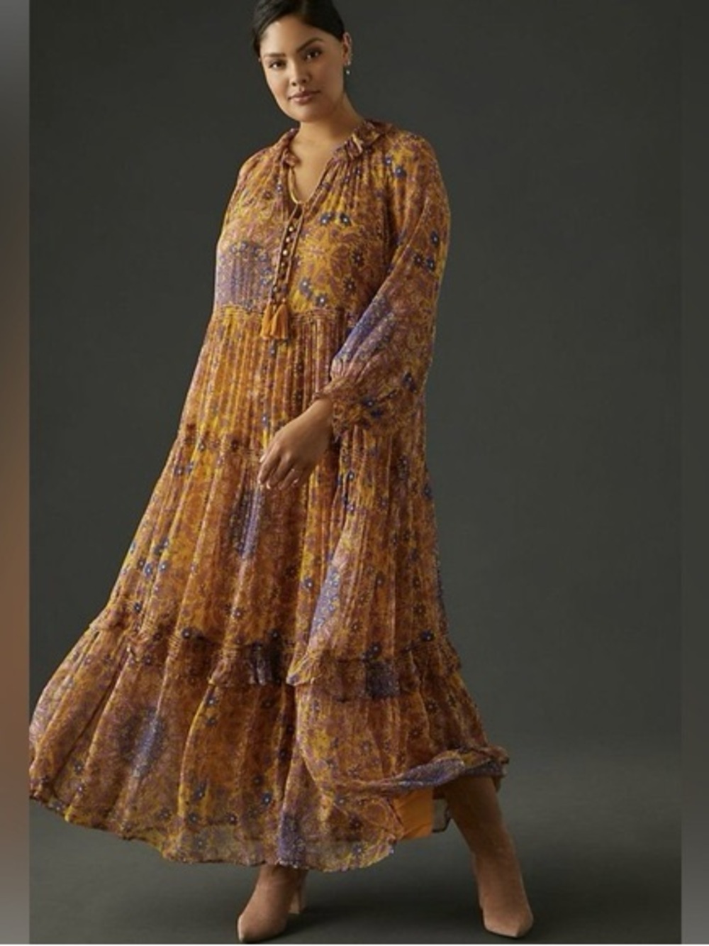 Anthropologie Mustard and Purple Floral Tiered Maxi Dress long sleeve boho